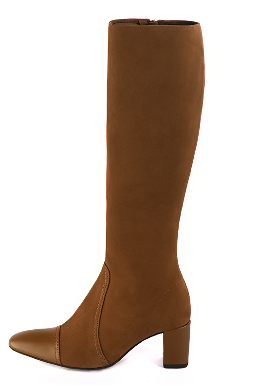 Caramel brown women's feminine knee-high boots. Round toe. Medium block heels. Made to measure. Profile view - Florence KOOIJMAN
